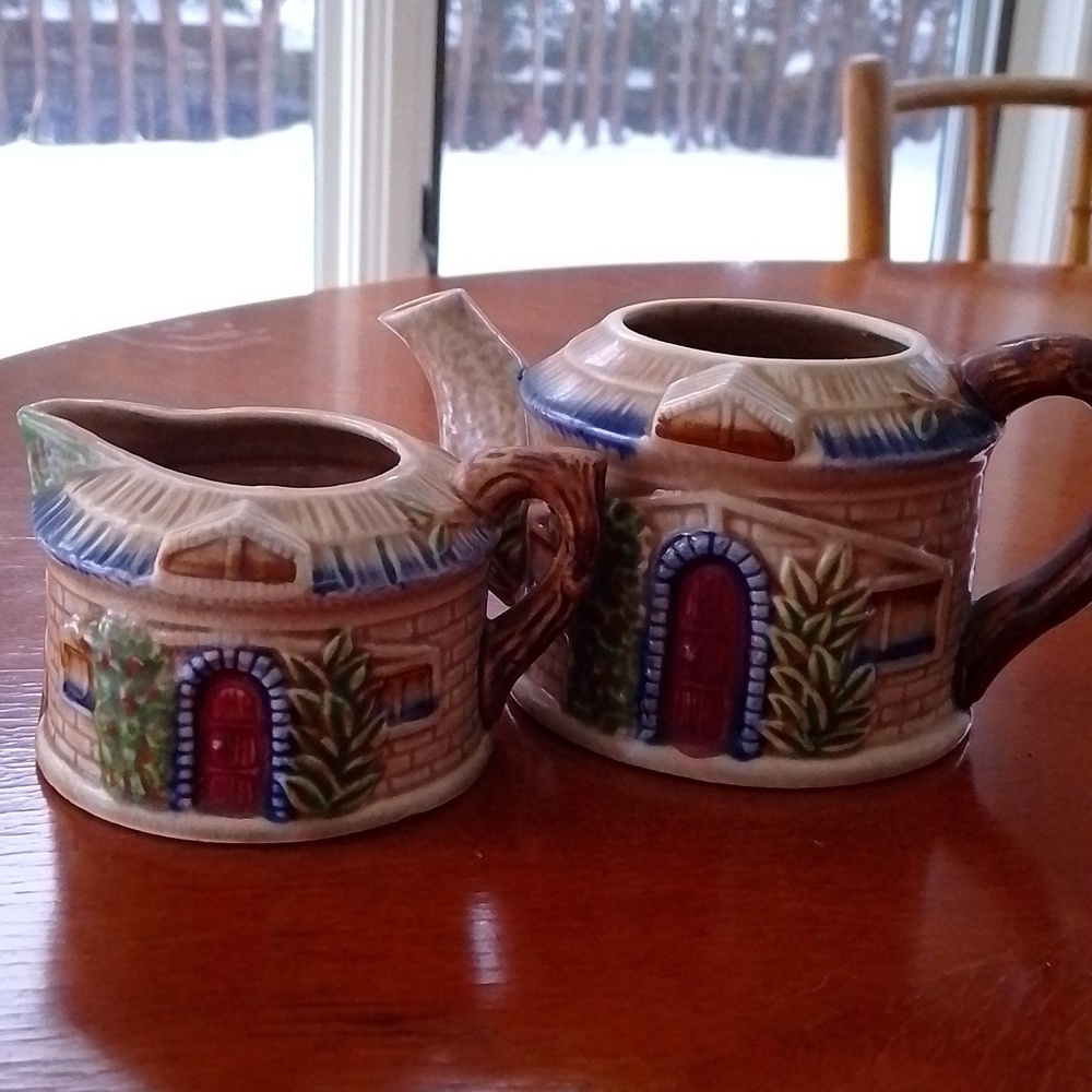 Decorative ceramic teapot and creamer with house  design. Shafford. Super cute